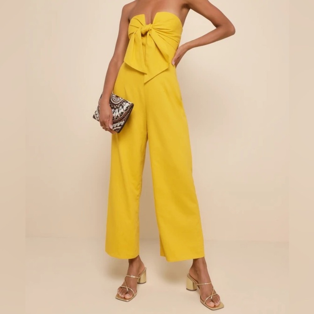 Lulu's Bright Yellow Strapless Wide-Leg Jumpsuit with Front Bow